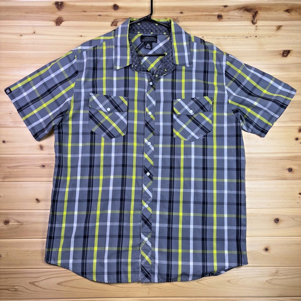 Hart and Huntington Shirt Mens XXL Gray Plaid Short Sleeve Button Up Shirt